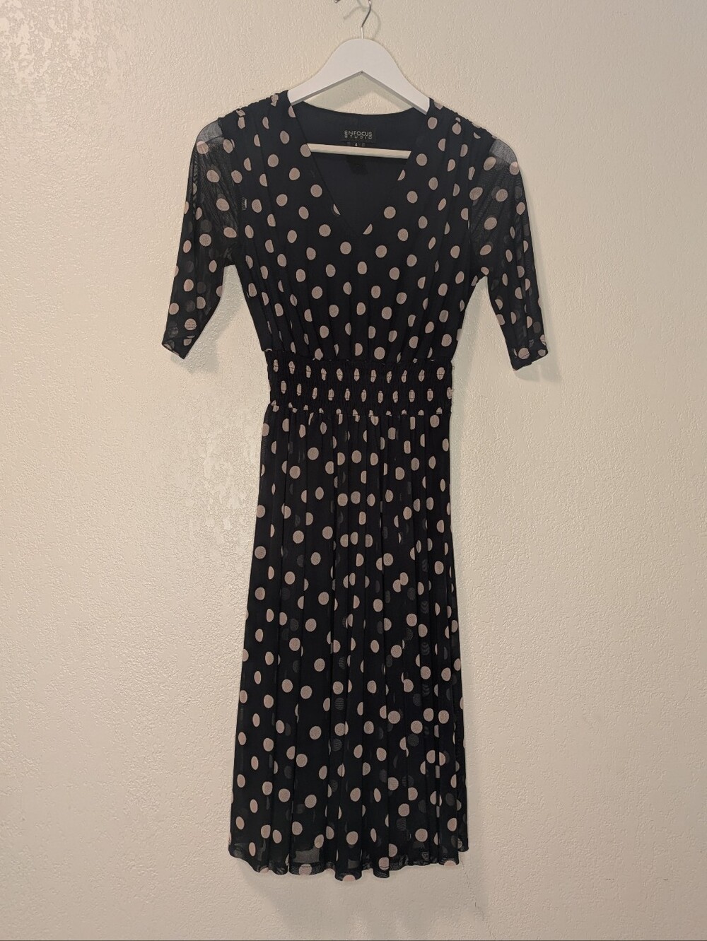 Enfocus Studio Navy and Tan Polka Dot Midi Dress